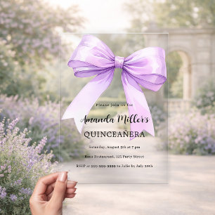 Lavendel violetter Bogen klare Quinceanera Acryleinladungen