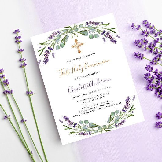 Lavendel-Violettfloralen Erste Kommune Einladungspostkarte