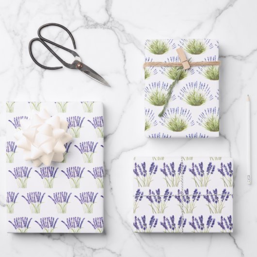 Lavendel Wasserfarbe Blume 3 Hübsche Variationen Geschenkpapier Set (Vorderseite)