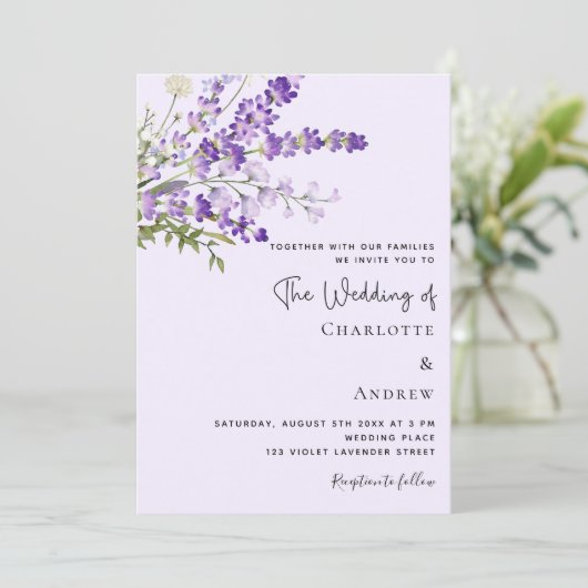 Lavendel Wasserfarbene Blumen Violett Hochzeit Einladung (Stehend Vorderseite)