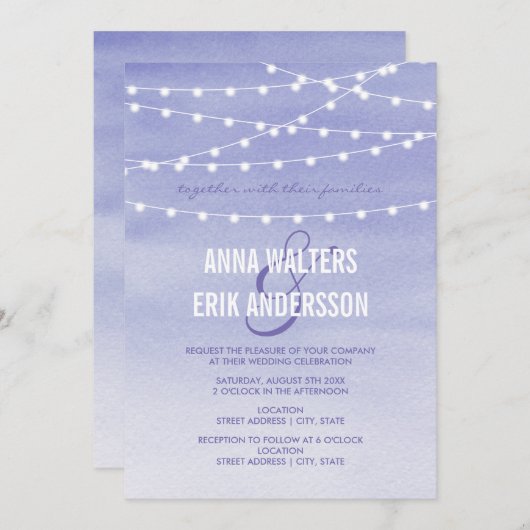 Lavendel Watercolor String Lights Einladung (Vorne/Hinten)