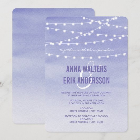 Lavendel Watercolor String Lights Einladung (Vorne/Hinten)