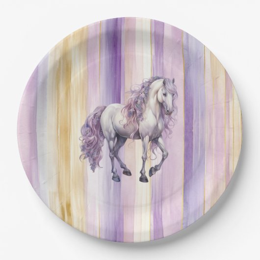 Lavendel Weißes Pferd Streifen Geburtstag Pappteller (Vorderseite)