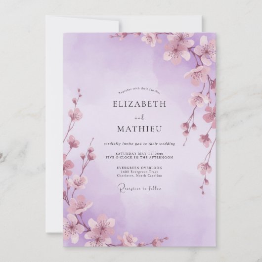 Lavendel Whimsical Sakura Hochzeit Einladung (Vorderseite)