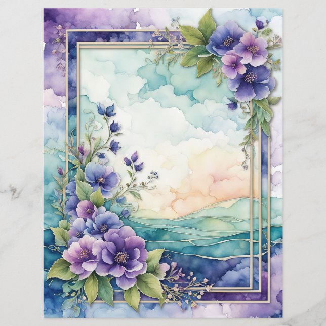 Lavendel Whimsy Artistic Floral Border Paper (Vorderseite)