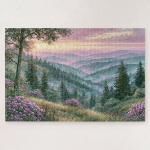 Lavendel-Wildblumen-Bergsonnenuntergang-Gemälde Puzzle