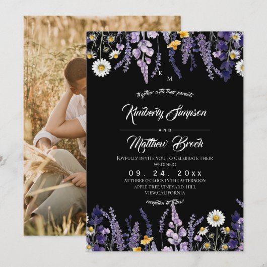 Lavendel & Wildblumen Rustikale Gartenhochzeit Einladung (Vorne/Hinten)