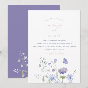 Lavendel-Wildblumen-Schmetterling-Monogramm-Hochze Einladung