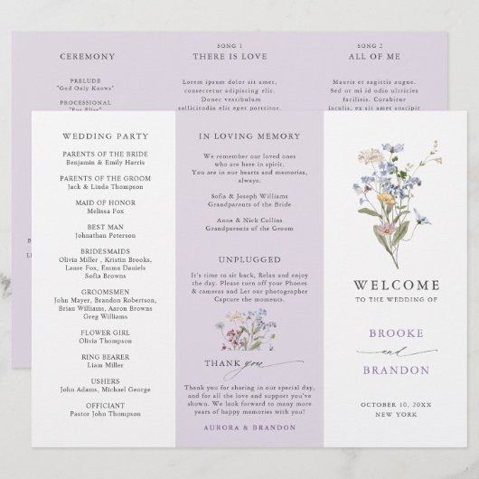 Lavendel-Wildblumen-Wiese-Garten-Hochzeitsprogramm (Vorne/Hinten)