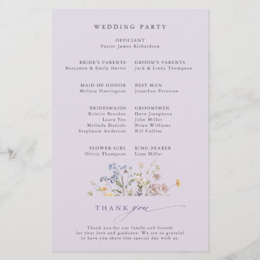 Lavendel-Wildblumenwiese-Gartenhochzeitsprogramm (Rückseite)