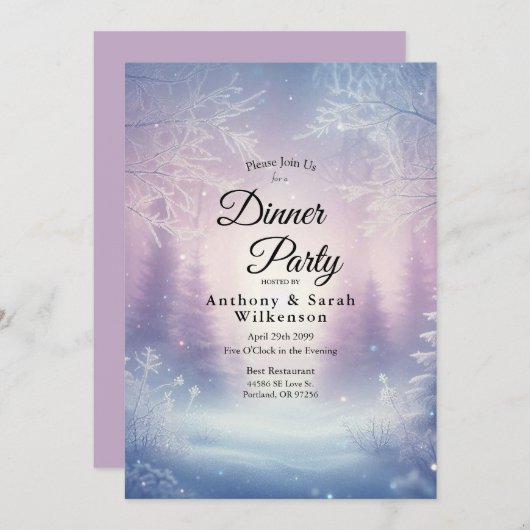 Lavendel Winter Snowfall Restaurant Einladung (Vorne/Hinten)