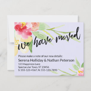 Lavendel Wir haben Wasserfarbenkarte verschoben Mitteilungskarte