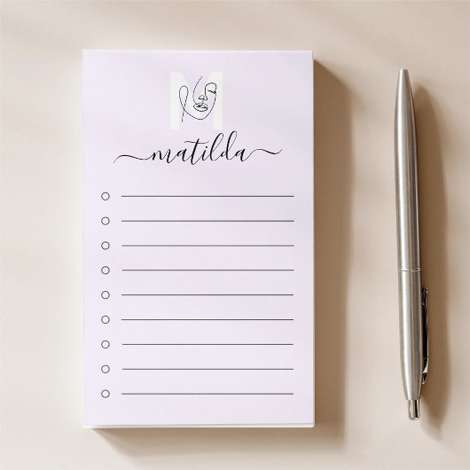 Lavendel Women Face Line Art & Script Monogram Post-it Klebezettel