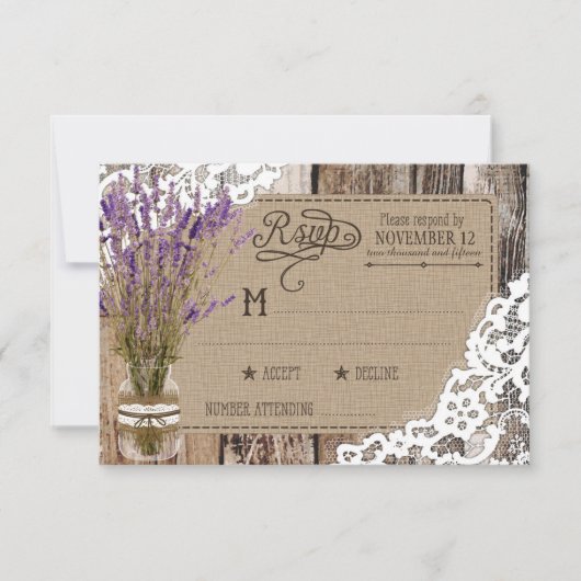 Lavendel Wood Lace Rustic RSVP Card Karte (Vorderseite)