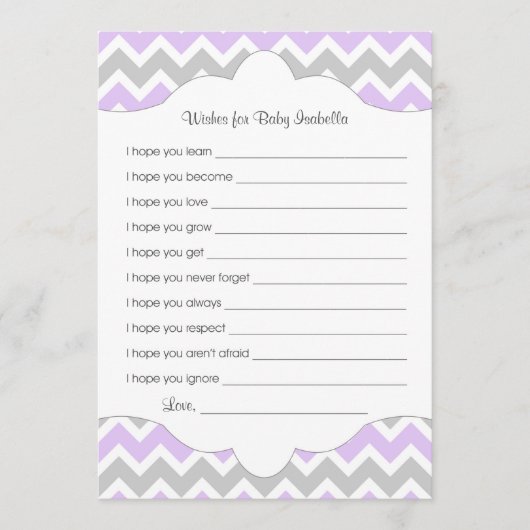 Lavendel wünscht sich Baby / tolle Babydusche Idee Hinweiskarte (Vorderseite)