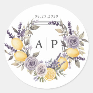 Lavendel-Zitronen-Monogramm-Blumenwappen-Hochzeit Runder Aufkleber