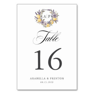 Lavendel-Zitronen-Monogramm-Blumenwappen-Hochzeit Tischnummer