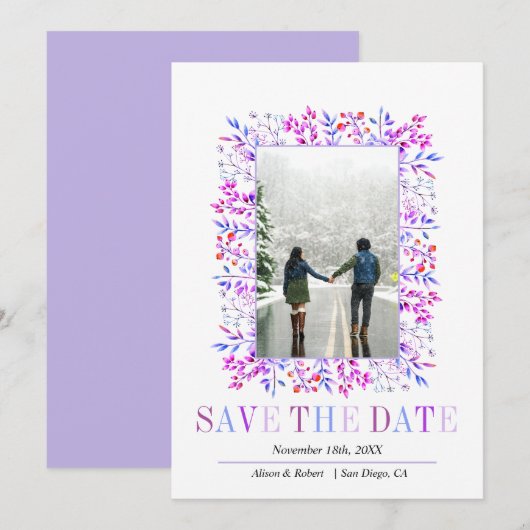 Lavendelbeeren, Blätter grenzt an Winterhochzeit Save The Date (Vorne/Hinten)