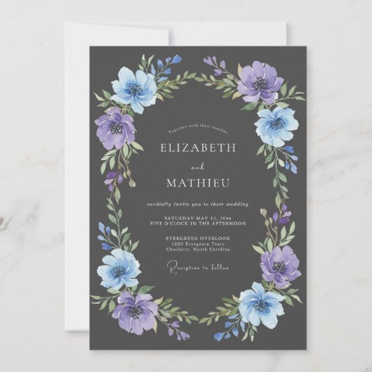 Lavendelblaue florale Hochzeit Einladung (Vorderseite)