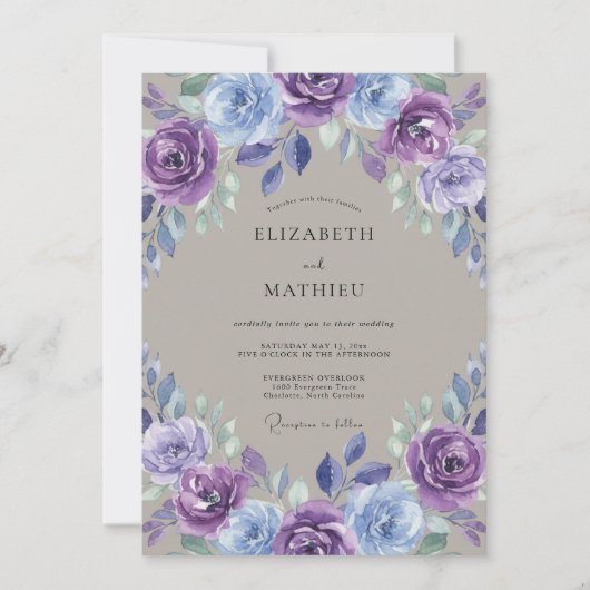 Lavendelblaue Florale Hochzeit Einladung (Vorderseite)
