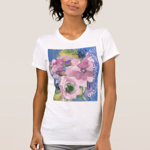Lavendelblaue Wasserfarben-Blumen-Glitter auf Weiß T-Shirt