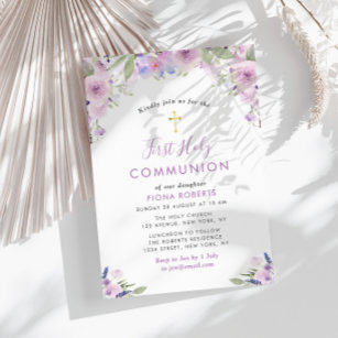 Lavendelblumen erste heilige Kommunion Einladung