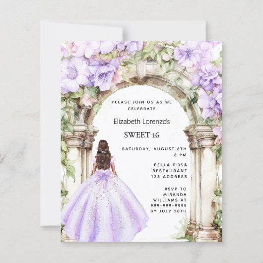 Lavendelblumenkleid Sweet 16 Einladung (Vorderseite)