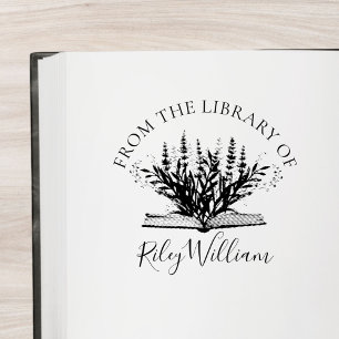 Lavendelblüte wächst aus Buch Exlibris Permastempel