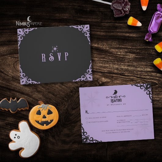 Lavendelfarbene Gothic-Halloween-RSVP-Karte für He RSVP Karte