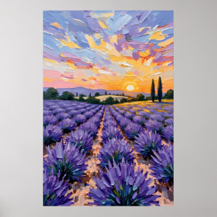 Lavendelfeld-Sonnenuntergang-Ölgemälde Poster