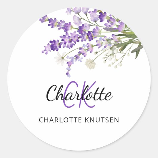 Lavendelflorale mit Monogramm Runder Aufkleber (Vorderseite)