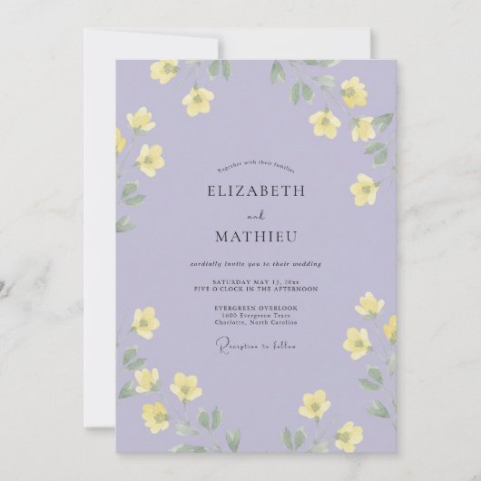 Lavendelgelbe florale Hochzeit Einladung (Vorderseite)