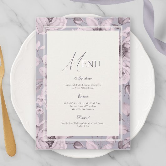 Lavendelgraues Blumenhochzeitsmenü Einladung