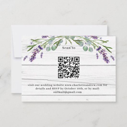 Lavendelholz Hochzeitsmenü QR Code UAWG Response RSVP Karte (Rückseite)