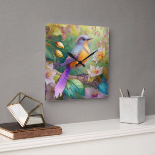 Lavendelköpfiger Orangebrüstiger Fantasie Vogel Quadratische Wanduhr