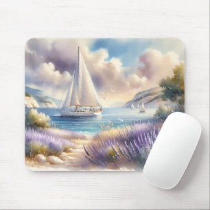 Lavendelküste-Segelboot-Wasserfarbszene Mousepad
