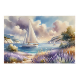 Lavendelküste-Segelboot-Wasserfarbszene Poster