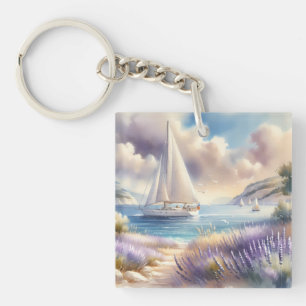 Lavendelküste-Segelboot-Wasserfarbszene Schlüsselanhänger