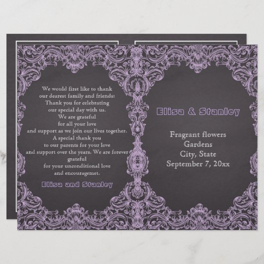 Lavendelrahmen, Kalkboard gefaltetes Hochzeitsprog (Vorne/Hinten)