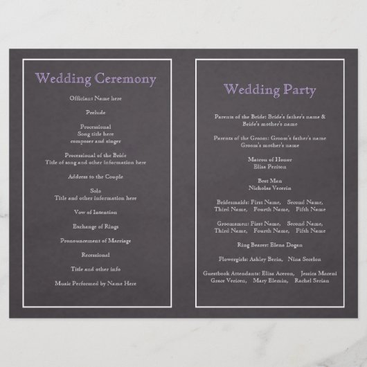 Lavendelrahmen, Kalkboard gefaltetes Hochzeitsprog (Rückseite)