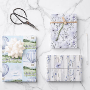 Lavendelstreifen-Ballon-Blumen-Brautparty Geschenkpapier Set