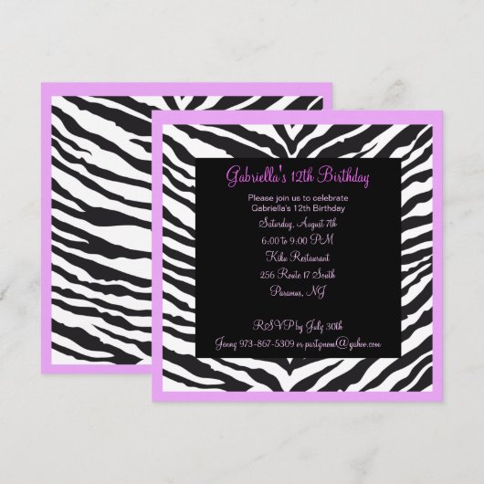 Lavendelzebra-Mädchen-Geburtstag laden ein Einladung (Vorne/Hinten)