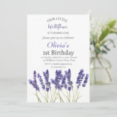 Lavender 1. Geburtstagsmädchen Lila Blüte Einladung (Stehend Vorderseite)