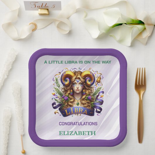 Lavender and Green Libra Zodiac Baby Shower Pappteller (Hochzeit)