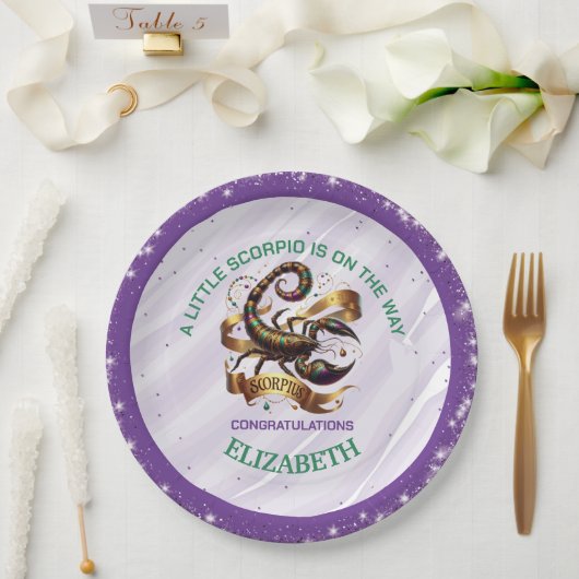 Lavender and Green Scorpio Zodiac Baby Shower Pappteller (Hochzeit)
