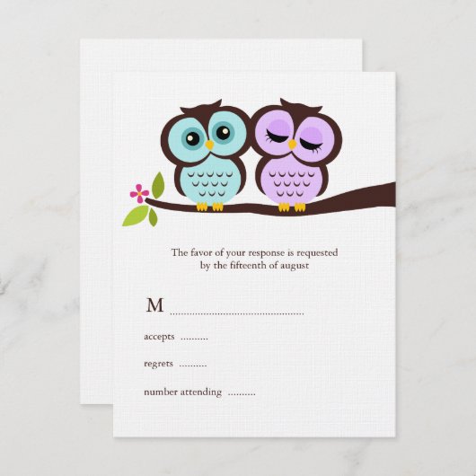 Lavender and Mint Owls Wedding RSVP Karte (Vorne/Hinten)