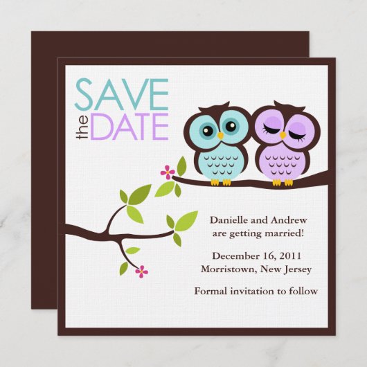 Lavender and Mint Owls Wedding Save The Date (Vorne/Hinten)