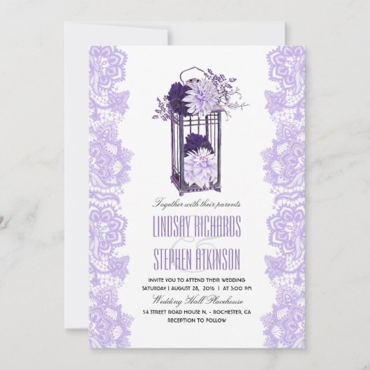 Lavender and Purple Flowers Lantern Wedding Einladung (Vorderseite)