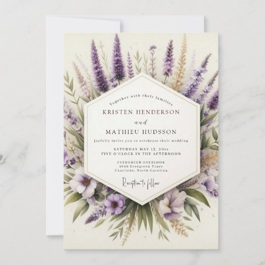 Lavender Artistic Wildflower Wedding Einladung (Vorderseite)