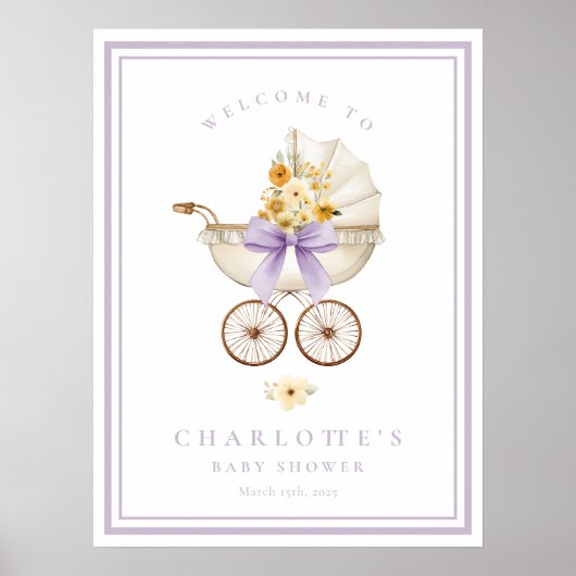 Lavender Baby Shower Welcome Poster | Vintage Pram (Vorne)